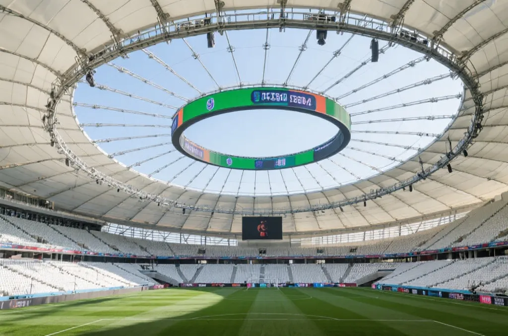 Futuristic massive soccer stadium with a ring-shaped video board under a modern canopy roof